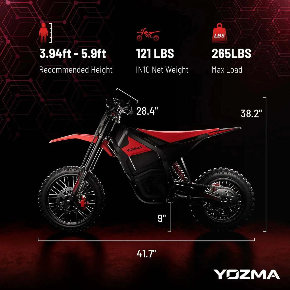 Yozma IN-10 Electric Dirt Bike in black and red with knobby off-road tires, hydraulic disc brakes, and suspension system, compact and sturdy design