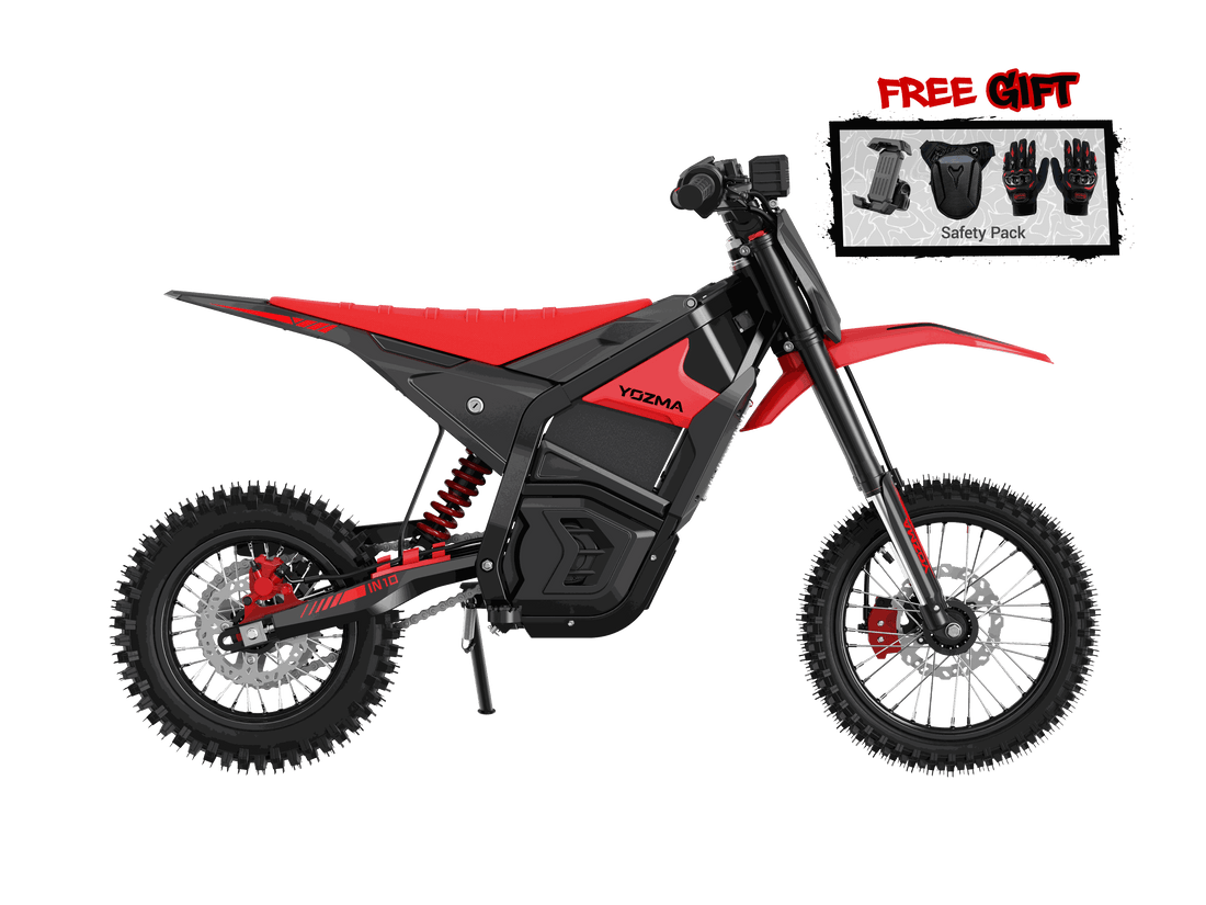Yozma IN-10 Electric Dirt Bike with black and red reinforced steel frame, knobby off-road tires, and electric motor components