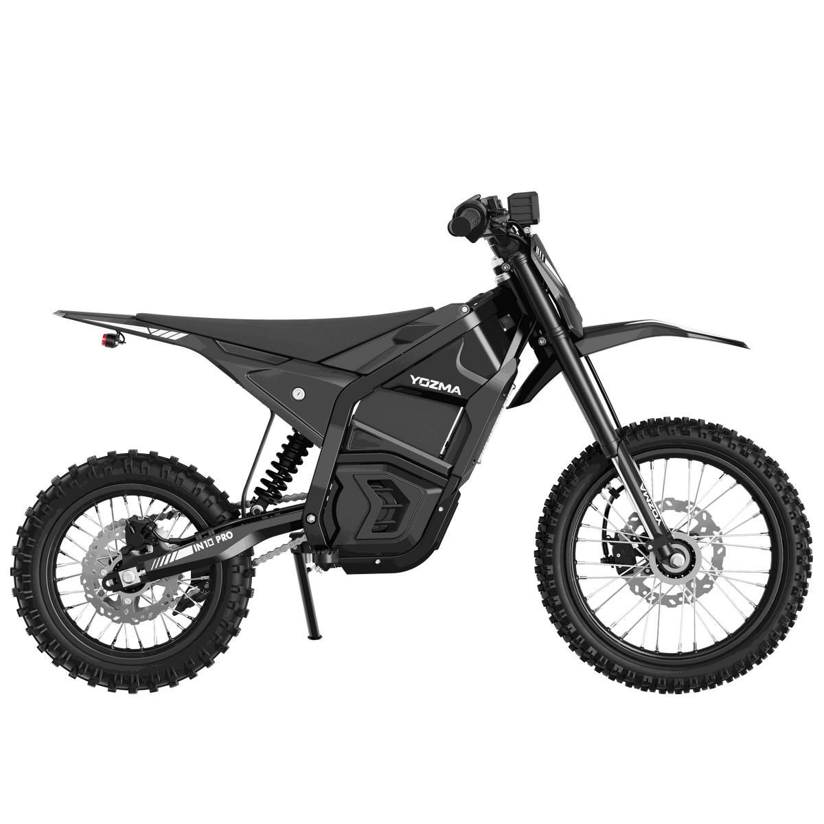 Yozma IN-10 Electric Dirt Bike in black with reinforced steel frame, knobby rubber off-road tires, and compact design