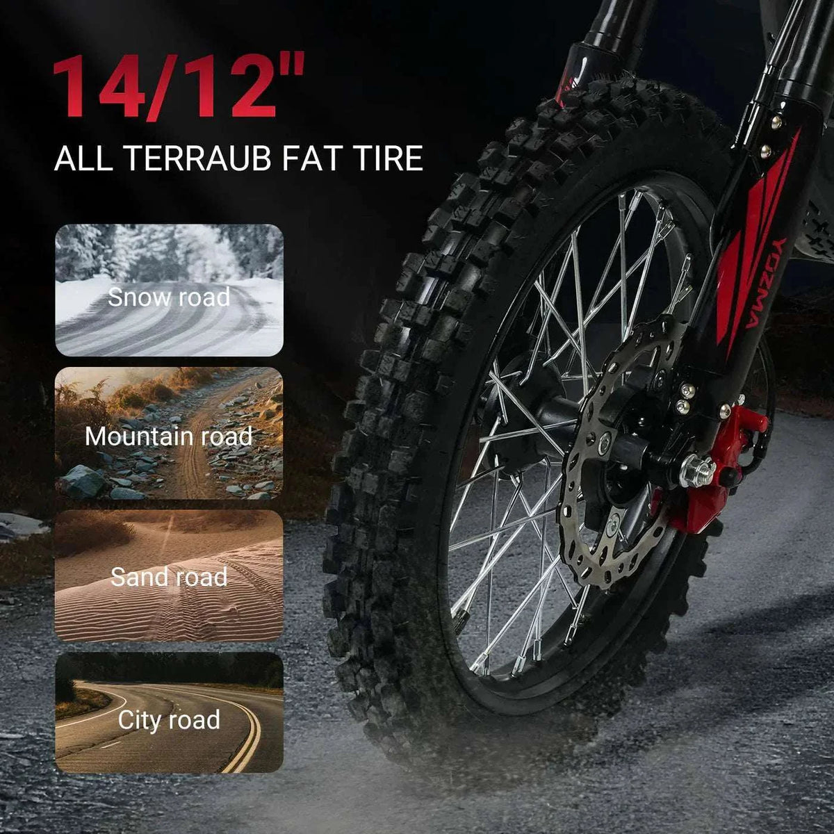 Yozma IN-10 Electric Dirt Bike front wheel with large black knobby all-terrain tire suitable for snow, mountain, sand, and city roads