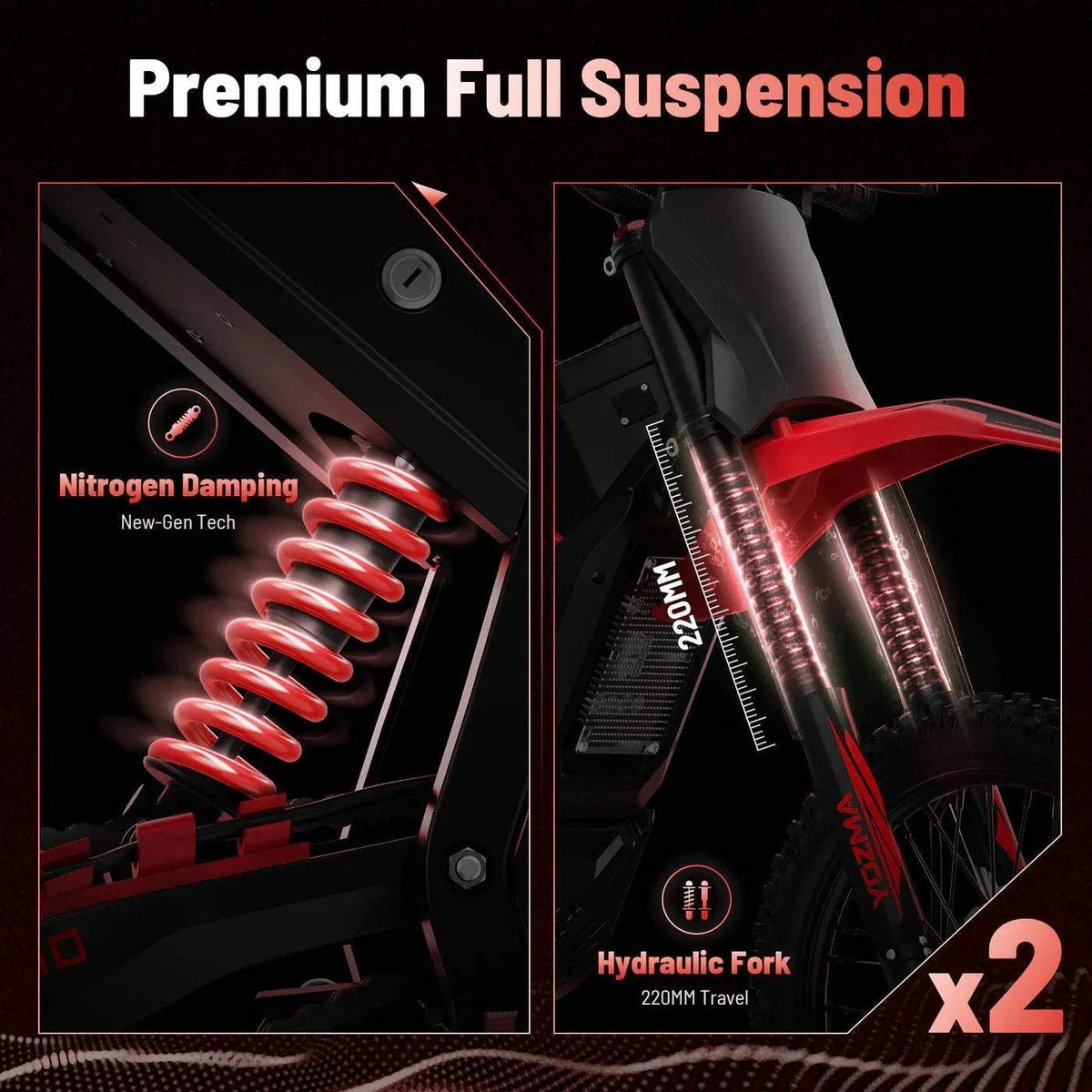 Close-up of Yozma IN-10 Electric Dirt Bike red nitrogen damping spring and hydraulic fork suspension components showcasing premium full suspension