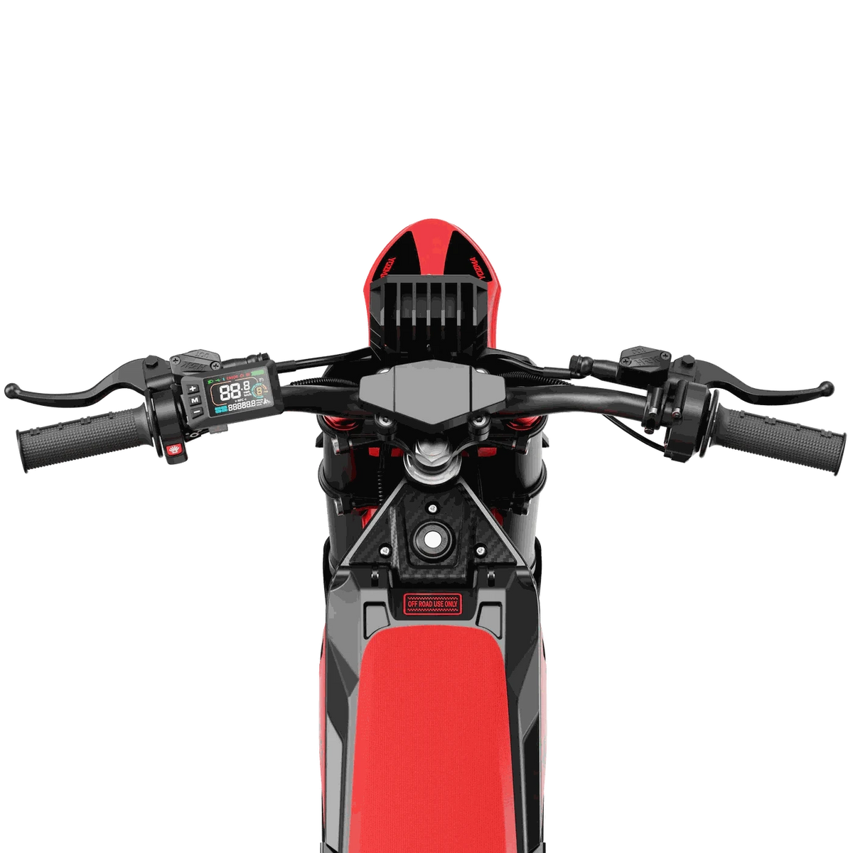 Yozma IN-10 Electric Dirt Bike red and black off-road eBike with handlebars, LCD display, and knobby tires top view