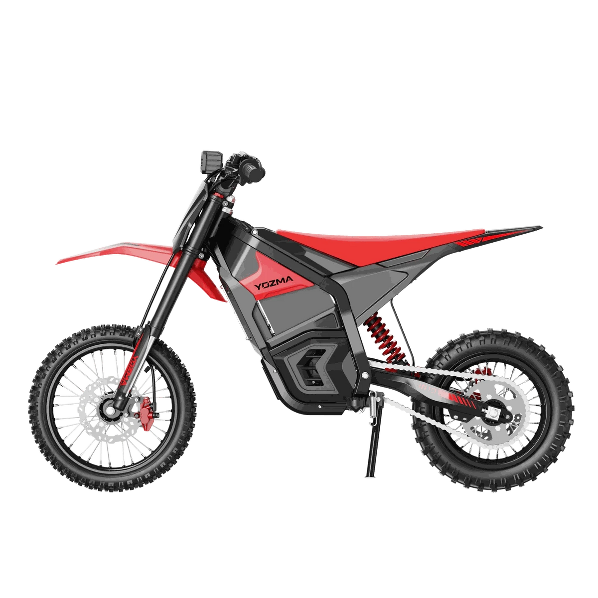 Yozma IN-10 Electric Dirt Bike in red and black with reinforced steel frame, knobby off-road tires, and compact design
