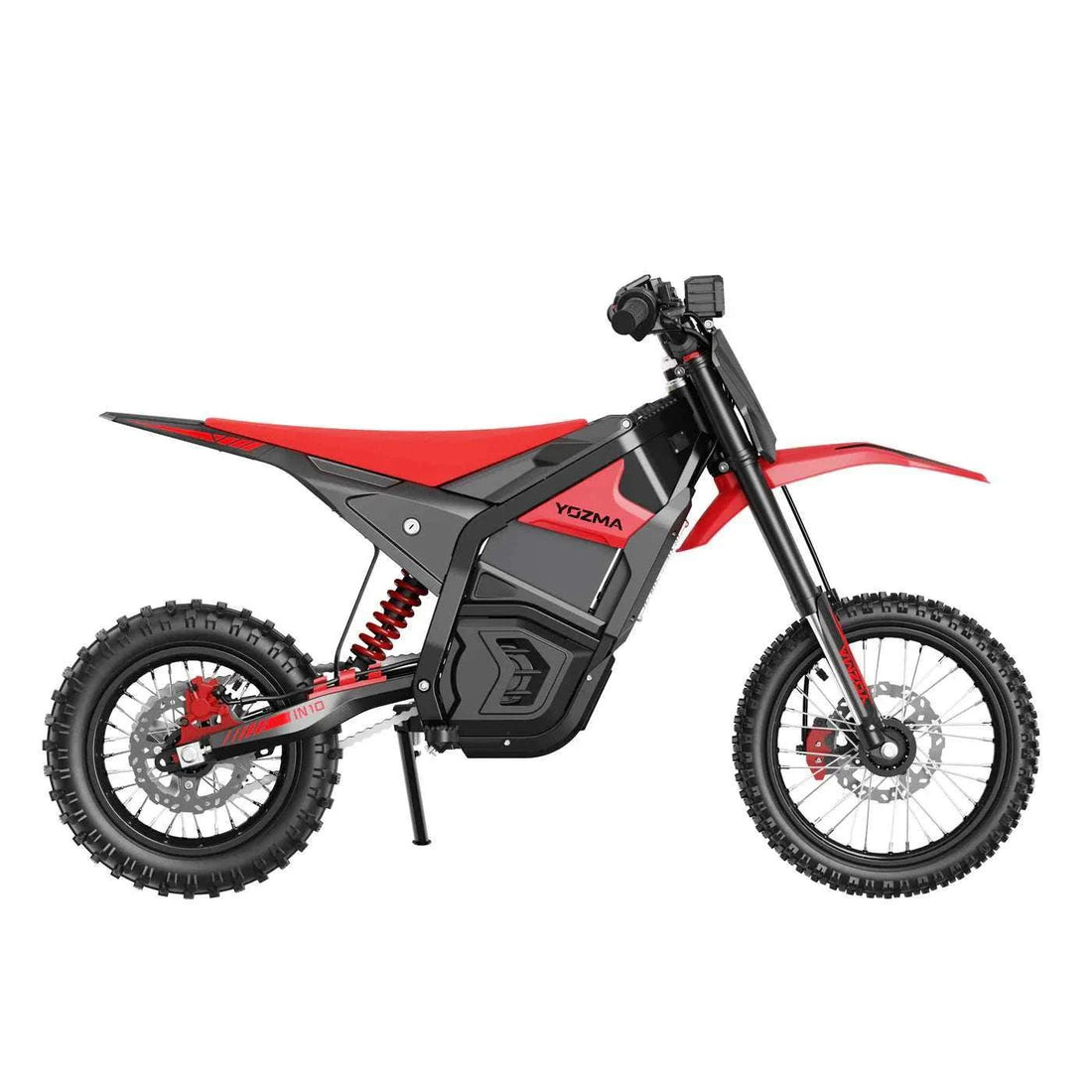 Yozma IN-10 Electric Dirt Bike with black and red reinforced steel frame, knobby off-road tires, and electric motor components