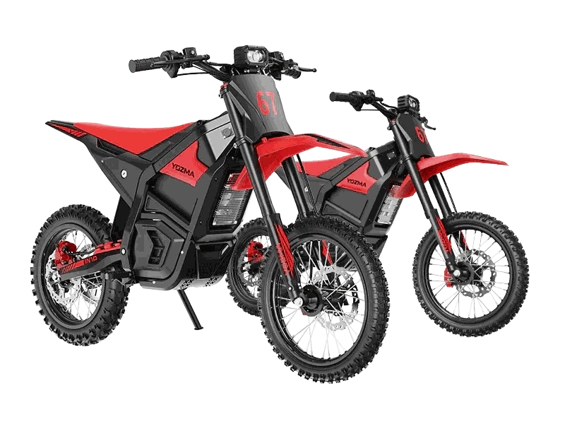 Red and black Yozma IN-10 Electric Dirt Bike with knobby off-road tires, compact frame, and digital display on handlebars