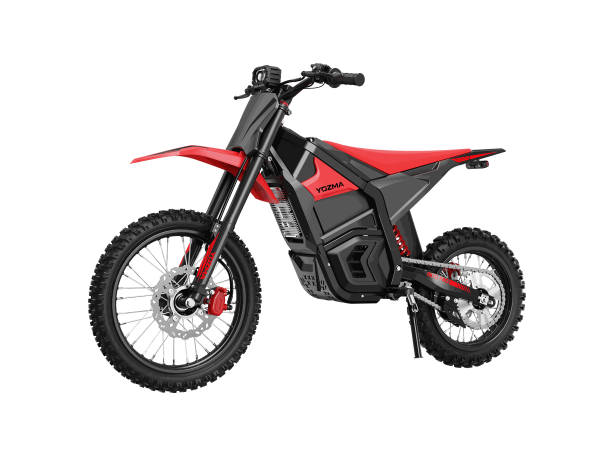 Yozma IN 10 Pro Electric Dirt Bike in black and red with aluminum frame, knobby off-road tires, and rugged suspension