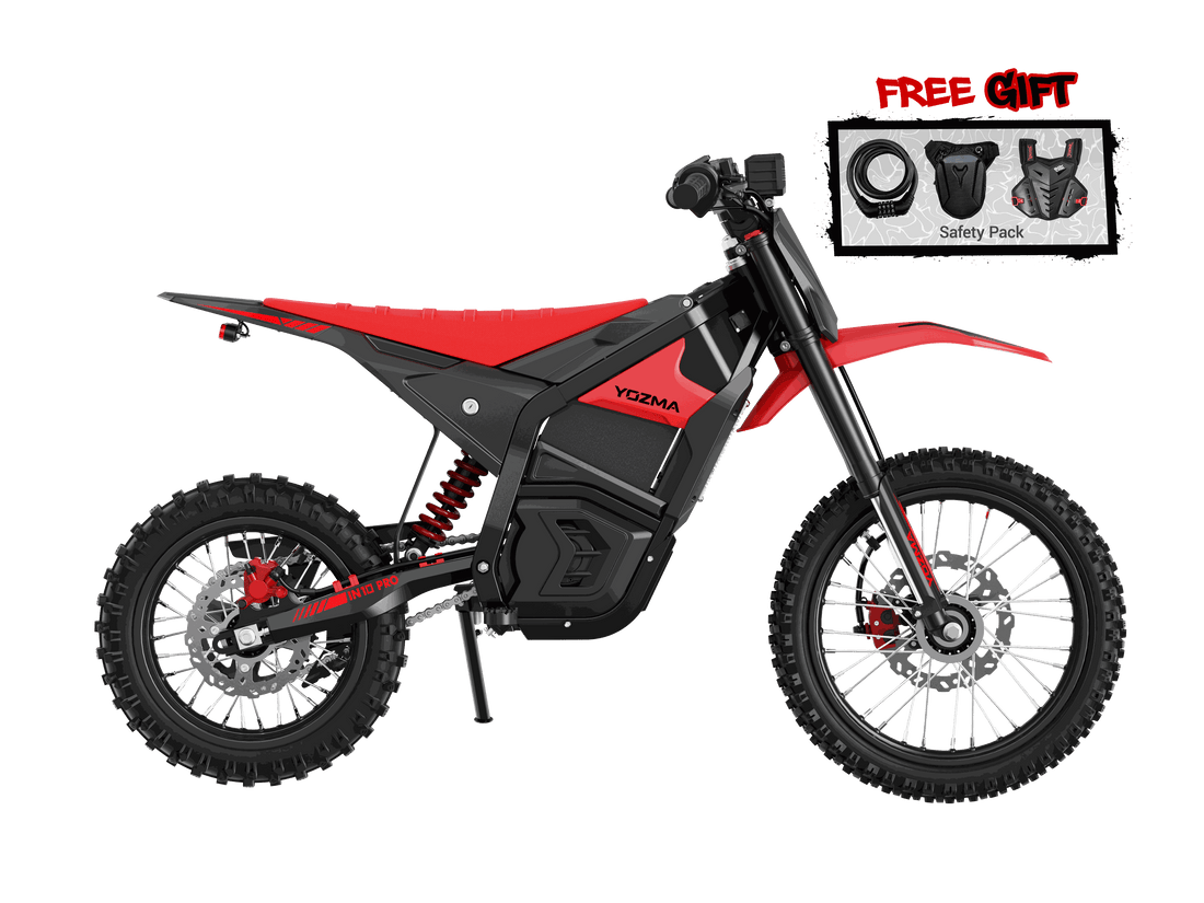 Yozma IN 10 Pro Electric Dirt Bike in black and red with knobby off-road tires, alloy frame, and hydraulic disc brakes