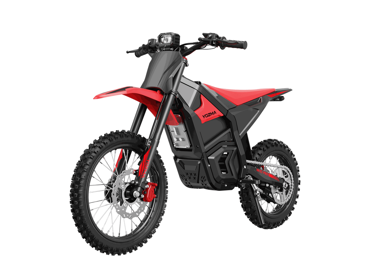 Yozma IN 10 Pro Electric Dirt Bike in black and red with off-road tires, lightweight aluminum frame, and front suspension fork