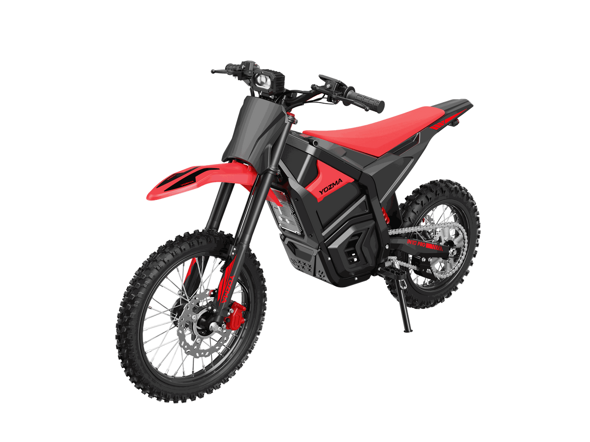 Yozma IN 10 Pro Electric Dirt Bike in red and black with knobby off-road tires, alloy frame, and hydraulic disc brakes