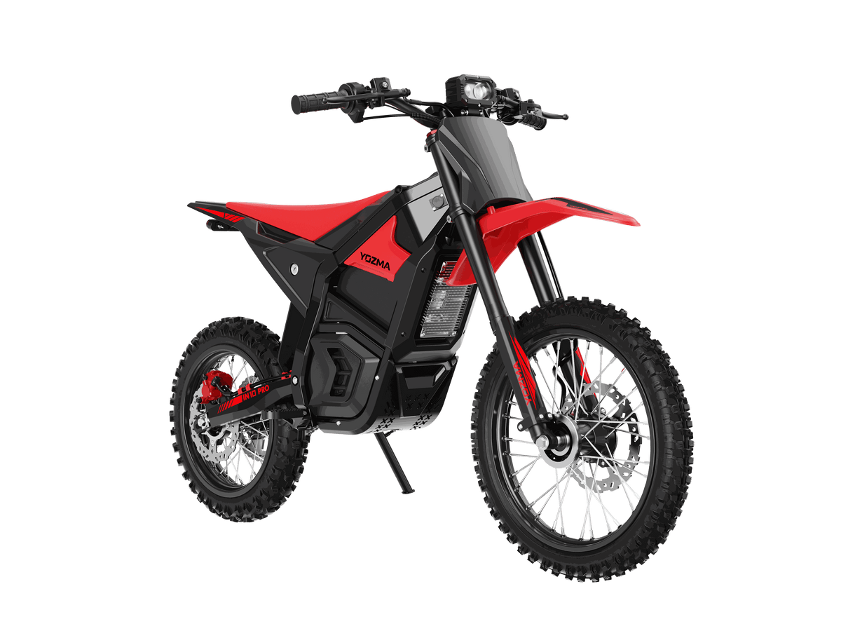 Yozma IN 10 Pro Electric Dirt Bike in red and black with off-road tires, high-grade aluminum frame, and LCD display