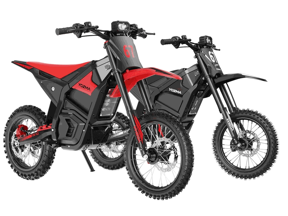 Two electric dirt bikes, one red and black and the other black and gray, featuring rugged off-road tires and sturdy frames, labeled Yozma IN 10 Pro Electric Dirt Bike
