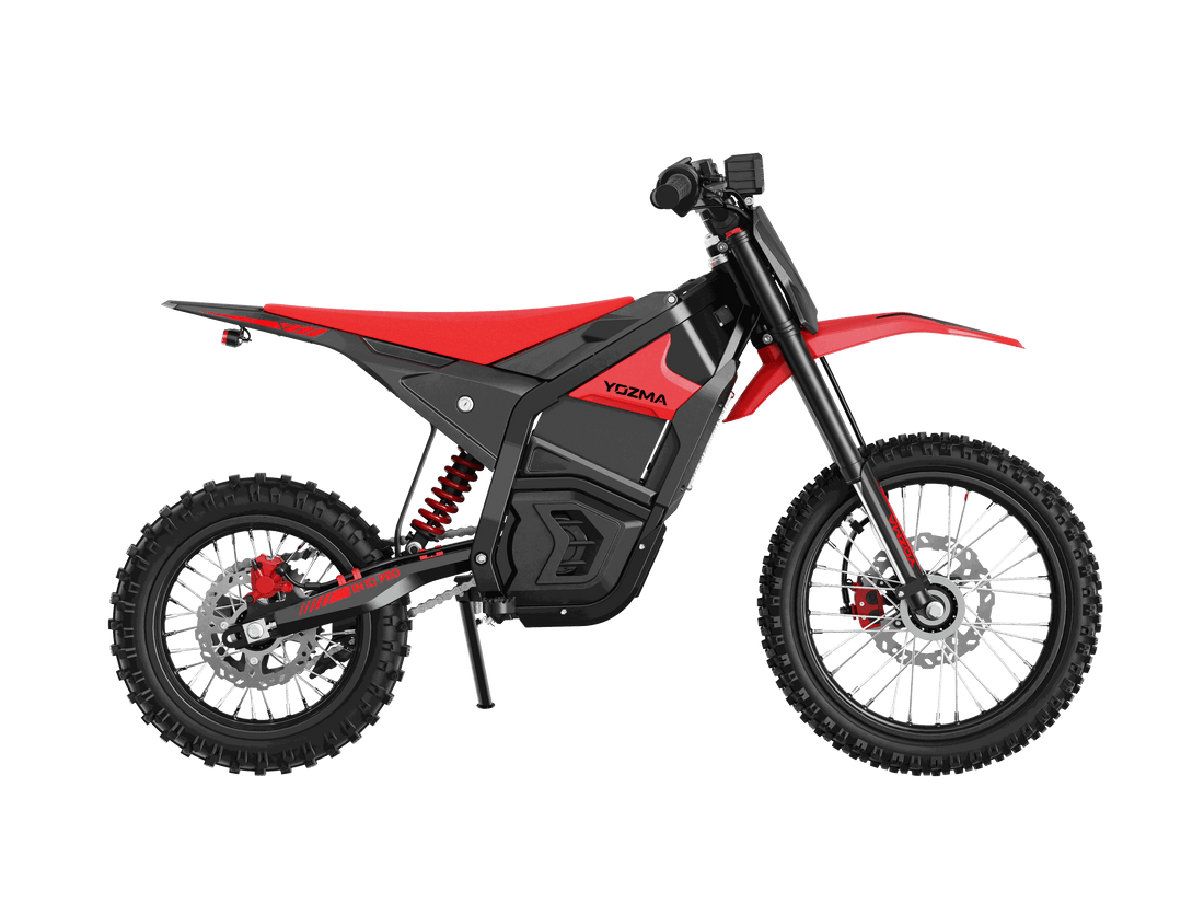 Yozma IN 10 Pro Electric Dirt Bike in black and red with knobby off-road tires, alloy frame, and hydraulic disc brakes