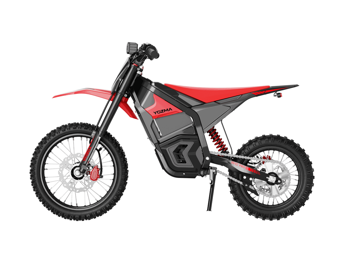 Yozma IN 10 Pro Electric Dirt Bike in red and black with knobby off-road tires and aluminum alloy frame